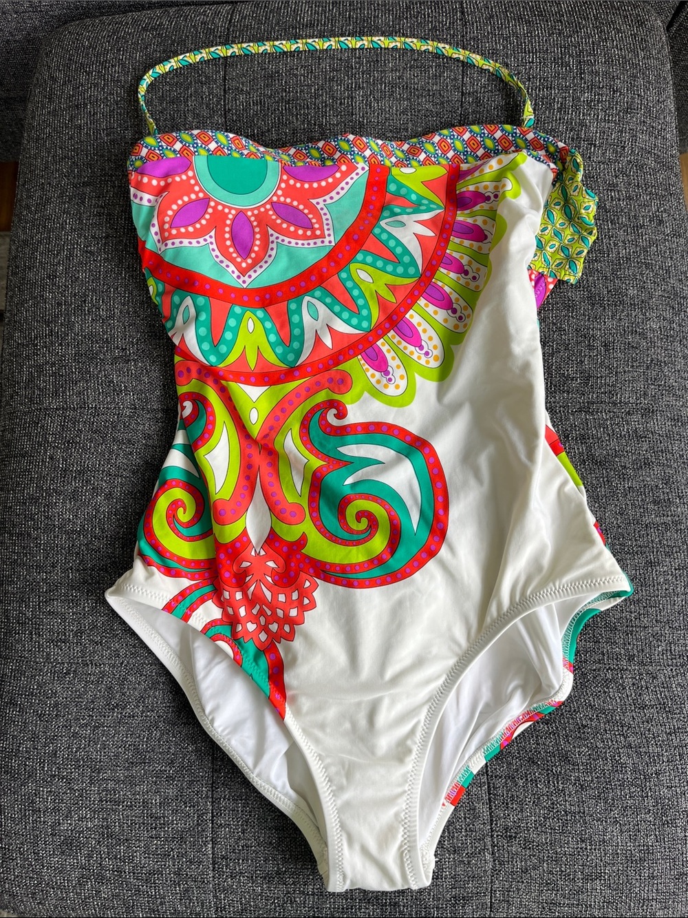 Trina Turk White One-Piece Swimsuit with Neon Pink, Green & Teal Print size 12